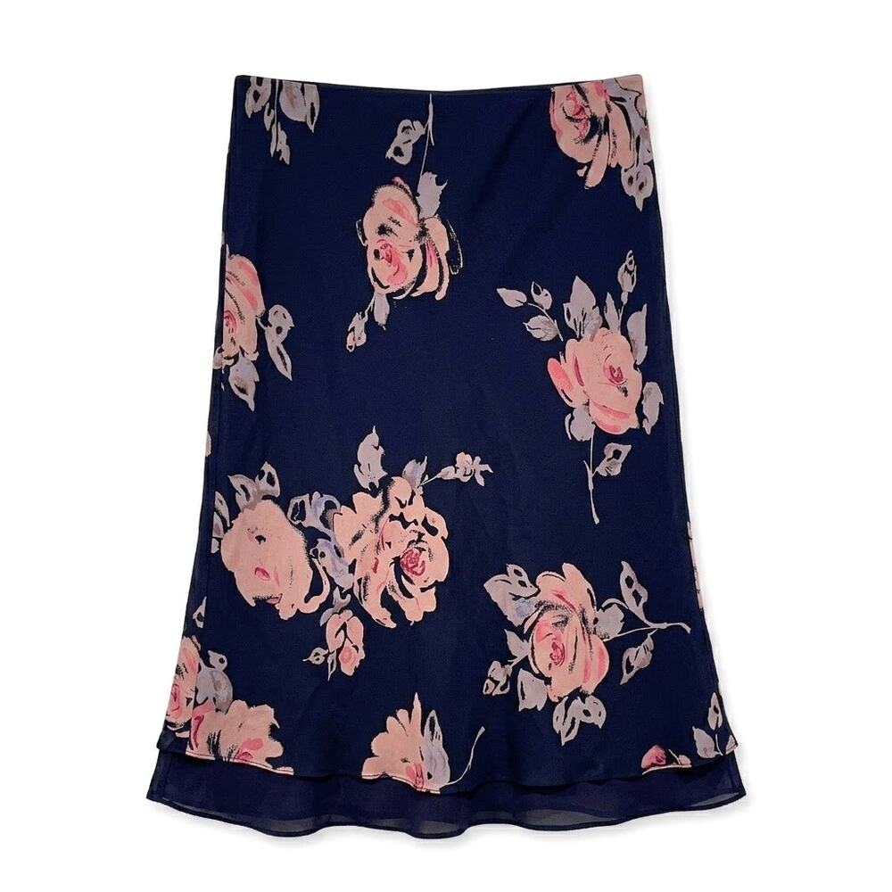 Amorose 100% Silk Chiffon Floral Layered Hem Skirt Black Pull On Womens 30"